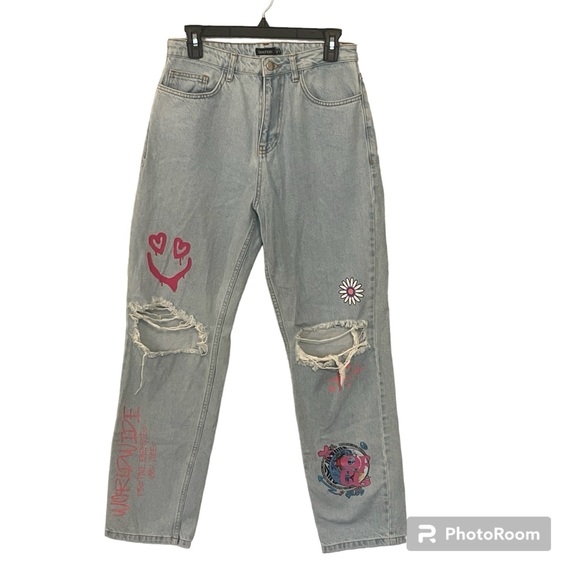 Boohoo straight leg distressed graffiti jeans size 6 90’s Y2K baggy grunge girly - Picture 7 of 13